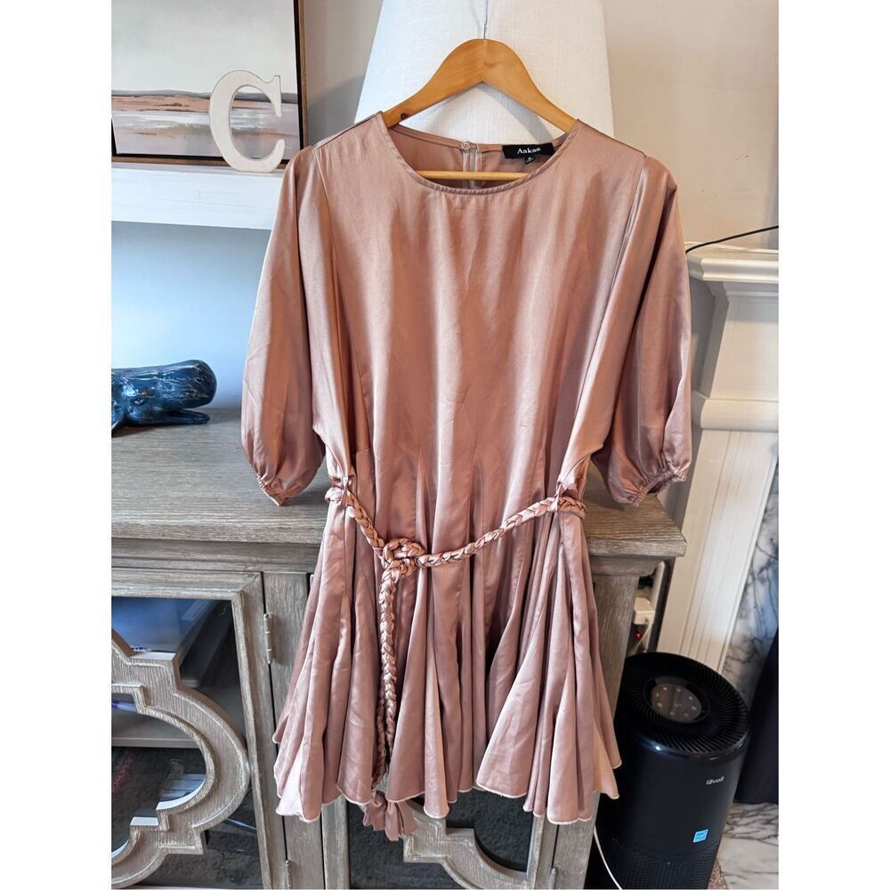 Aakaa Pink Satin Dress with‎ Rope Tie Waistband Size Small